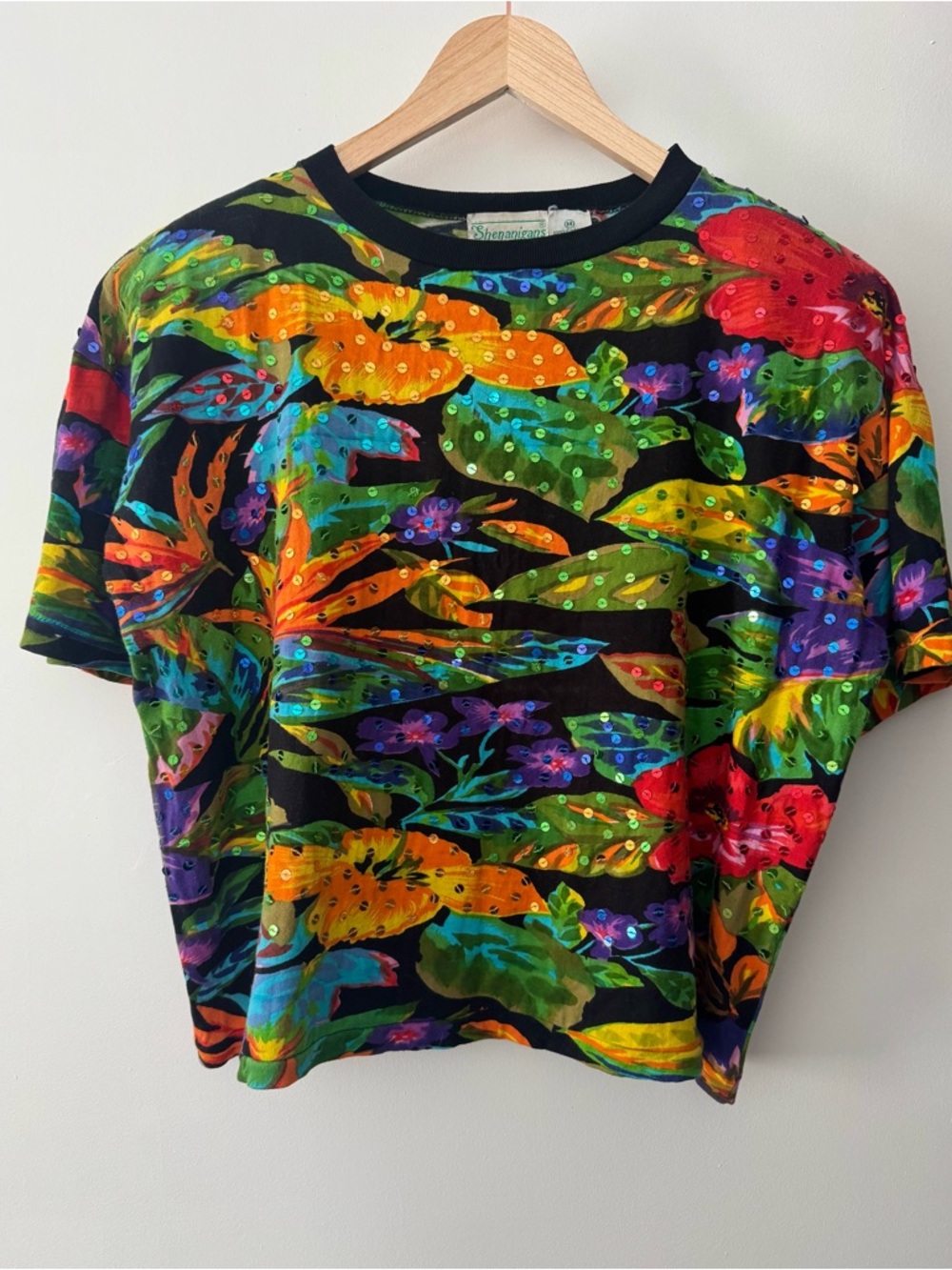 Vintage 90s Shenanigans Tropical Sequin Top Black Floral Shoulder Pads Medium